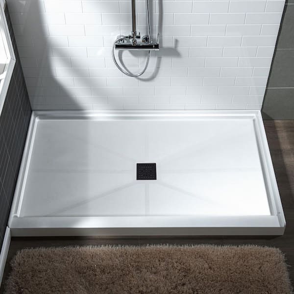 WOODBRIDGE Krasik 60 in. L x 30 in. W Alcove Solid Surface Shower Pan Base with Center Drain in White with Matte Black Cover