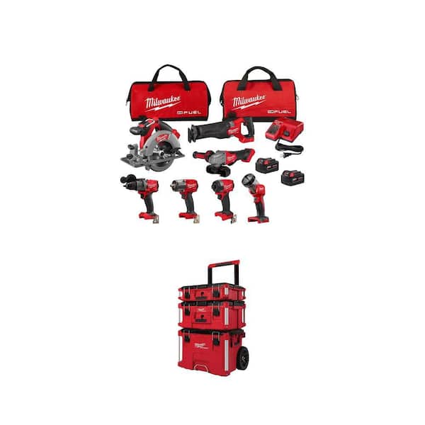 M18 FUEL 18V 7-Tool Combo Kit with Two 5.0 Ah Batteries and PACKOUT 22 in. Rolling, Large, Medium Tool Boxes
