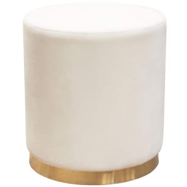 Benjara Cream and Gold Velvet Round Accent Ottoman
