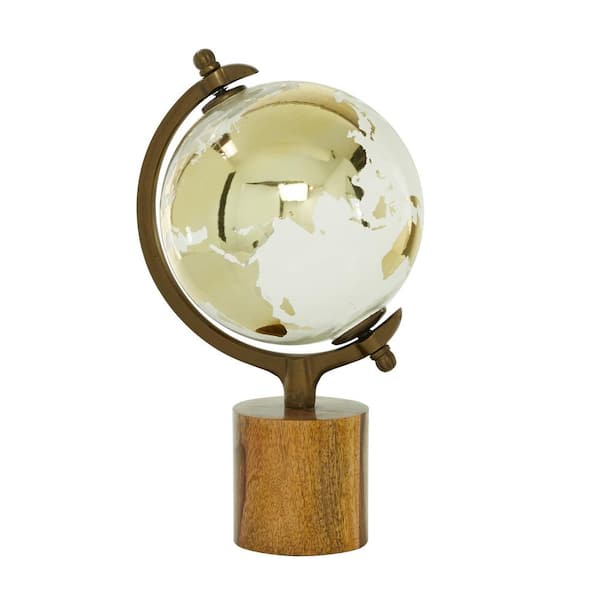 Litton Lane 15 in. Gold Wood Decorative Globe with Brown Base