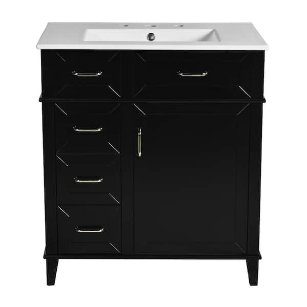 Boosicavelly 30 in. W x 18 in. D x 34 in. H Single Sink Freestanding Bath Vanity in Black with White Ceramic Top