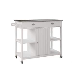White Steel 39.57 in. Kitchen Island with Stainless Steel Countertop, 2 Open Shelves
