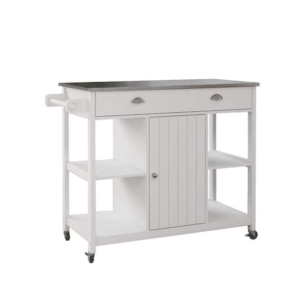 ANGELES HOME White Steel 39.57 in. Kitchen Island with Stainless Steel Countertop, 2-Open Shelves