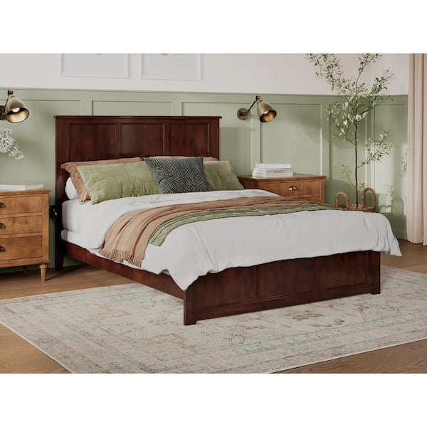 Madison Walnut Brown Solid Wood Frame King Low Profile Platform Bed with Matching Footboard and USB Charger