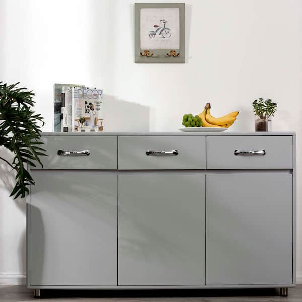 XUJMK 53 in. W x 16 in. D x 33 in. H Gray Linen Cabinet with Drawers, Farmhouse Buffet Cabinet Storage Sideboard for Dining