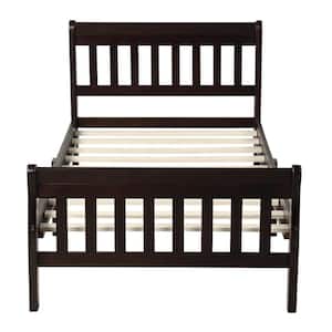 Espresso Twin Size Wood Platform Bed with Headboard and Footboard, Sturdy Sleigh Panel Bed Frame with Wood Slats