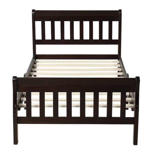 ANBAZAR Espresso Twin Size Wood Platform Bed with Headboard and Footboard, Sturdy Sleigh Panel Bed Frame with Wood Slats