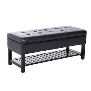 18 in. H x 17 in. W 5-Pair Black Wood Faux Leather Shoe Storage Bench