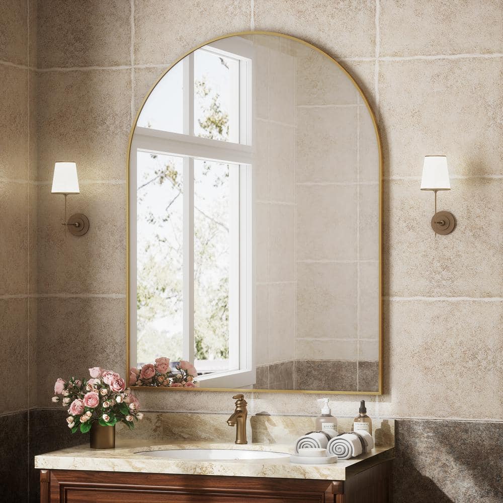 Gold 30 in. W x 40 in. H Arched Bathroom Mirror