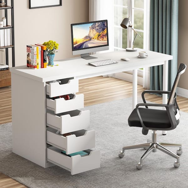 Moronia 47.24 in. All White Computer Desk with 5 Drawers, Home Office Desk with Storage(Reversible Drawer Cabinet)