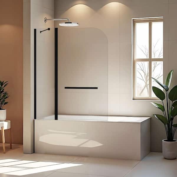 48 in. W x 58 in. H Frameless Shower Tub Door with 1/4 in. Clear Tempered Glass, 180° Rotatable Panel, Matte Black