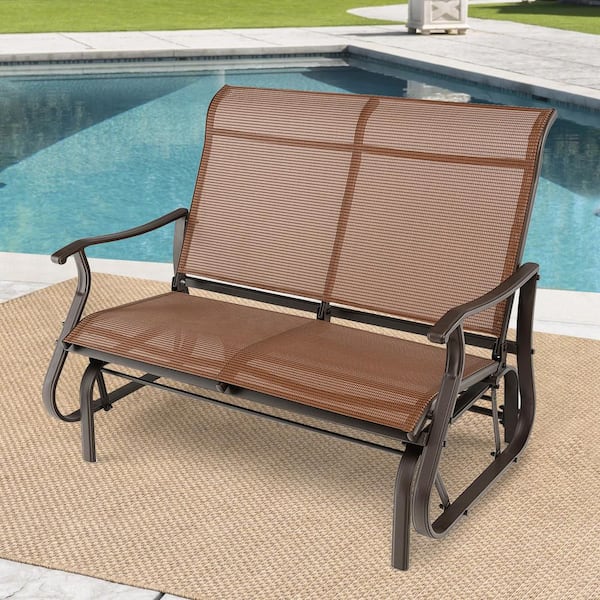 2-Person Metal Outdoor Glider Bench with High Back and Curved Armrests