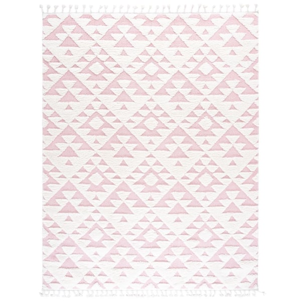 Moroccan Tassel Shag 8 ft. x 10 ft. Ivory/Pink High-Low Geometric Fringe Area Rug