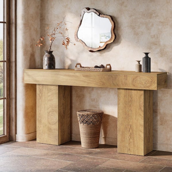 Turrella 63 in. Brown Rectangle Wood Console Table, Farmhouse Sofa Table with Double Pedestal for Entrance, Living Room