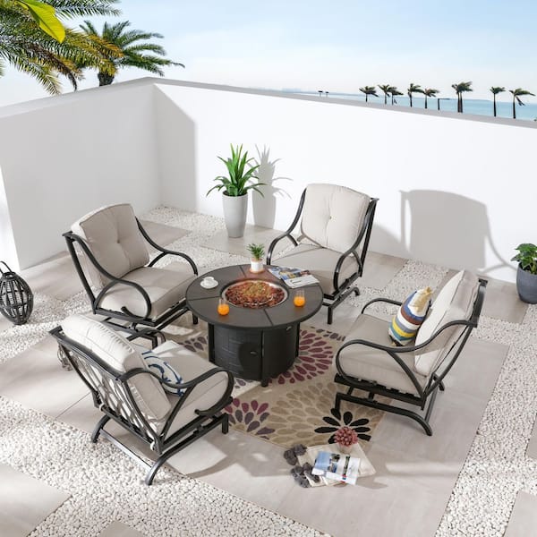 Patio Festival 5-Piece Metal Patio Fire Pit Seating Set with Beige Cushions