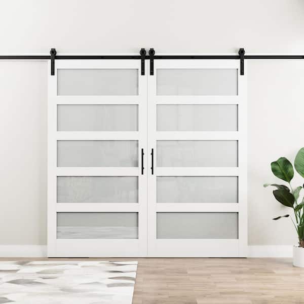 84 in. x 84 in. 5-Lites with Frosted Glass White MDF Sliding Barn Door with Hardware Kit (Soft Close Include)
