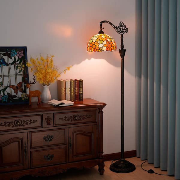 63 in. Tiffany Style Bronze Finish 1-Light Standard Floor Lamp with Multi-Colored Sunflower Stained Glass Lamp Shade