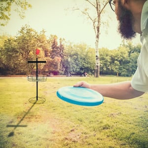 Disc Golf Frisbee Outdoor Game Set with Portable Black Metal Basket Goal and Flag (6 Disc Set)