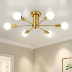 Theis 22 in. 6-Light Gold Semi Flush Mount Sputnik Chandelier Linear Ceiling Mount Light for Bedroom Room Dining Room