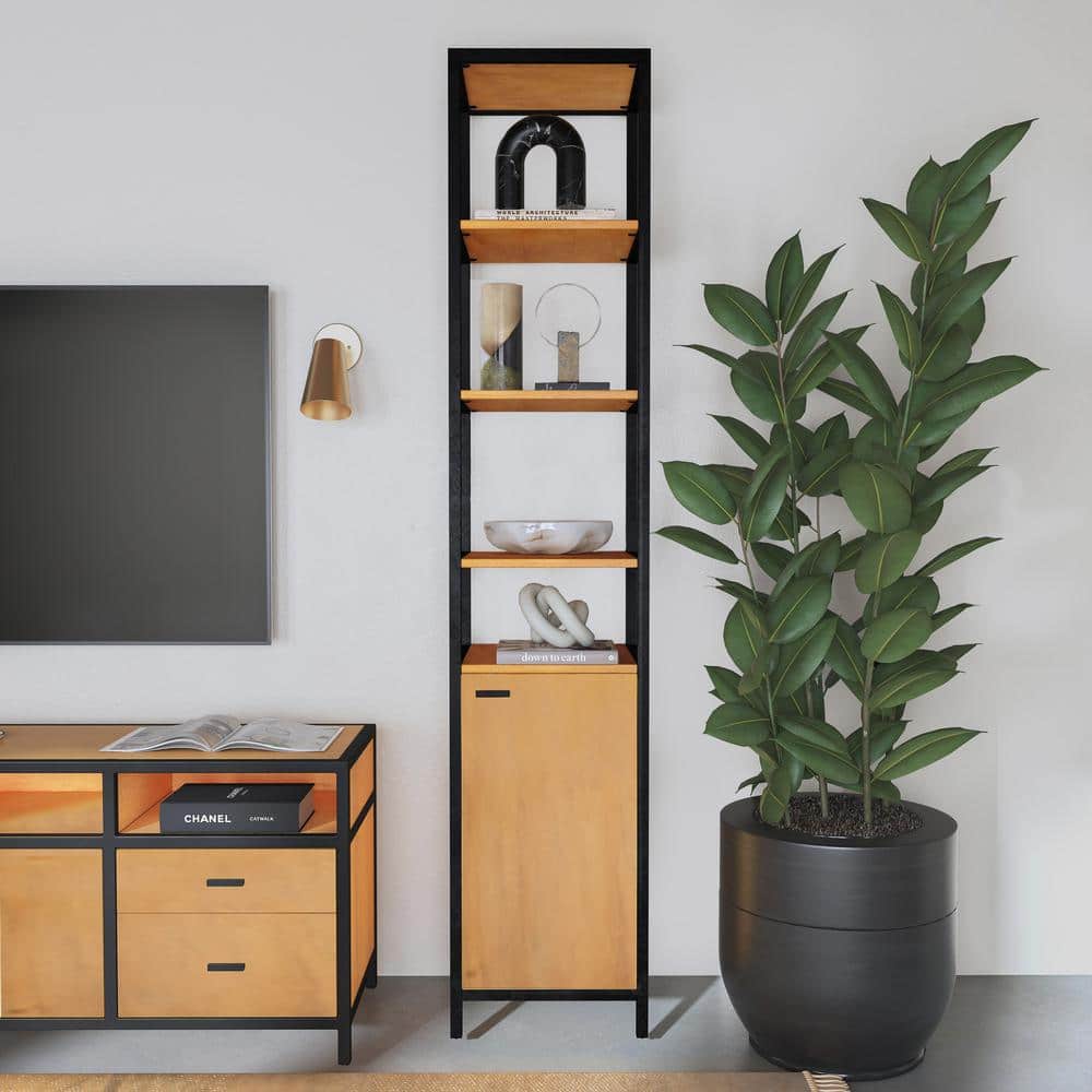 Hans Narrow Black and Natural Wood 84" Etagere Bookcase with Iron Frame