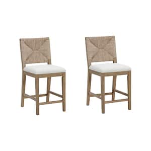 Beacon 24 in. Bohemian Boucle Upholstered Wood Counter Height Bar Stool w/ Woven Back, Cream Boucle/Light Brown,Set of 2