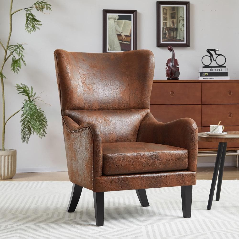 Cognac Brown Mid-Century Modern Wingback Accent Chair with Nailhead Trim in Faux Leather price history on PriceWatchPro