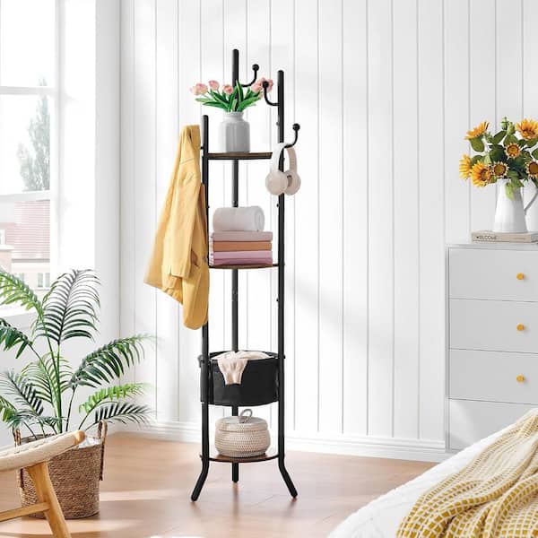 Freestanding Coat Rack Brown and Black Metal with 3-Wooden Shelves 1-Fabric Basket 5-Hooks for Entryway