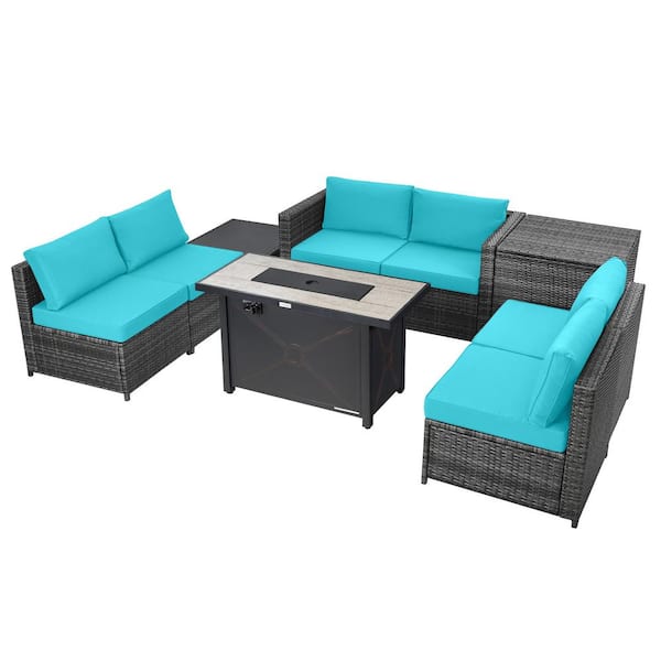 Gymax 9-Pieces Patio Rattan Furniture Set Fire Pit Table Storage Black with Cover Turquoise