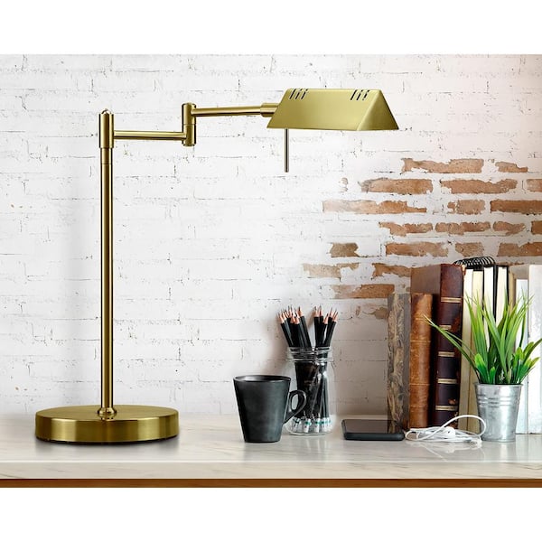 DL05D, 17 in. Gold, Pharmacy, Desk, Reading, Craft, Work Table LED Lamp, 12 W LED Full Range Dimming, 360º Swing Arms
