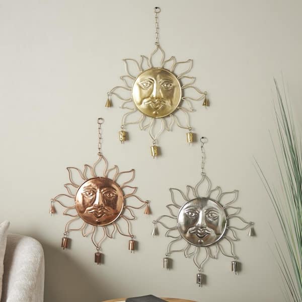 17 in. Medium Multi Colored Metal Sun Windchime with Bells and Chain Ring Hanger (3- Pack)