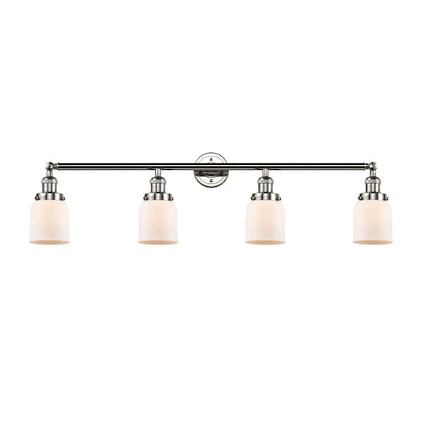 Bell 42 in. 4 Light Polished Nickel, Matte White Vanity Light with White Glass Shade