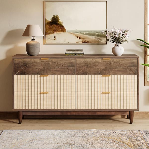 BYBLIGHT Brown 6-Drawer 55 in. Wide Chest of Drawers with Gold Metal Handles 6-Drawer Dresser for Bedroom, Living Room