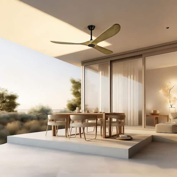 52 in. Black Standard Metal Housing Deep Brown Solid Wood Ceiling Fan Without Lights, Downrod Mount, Remote Control