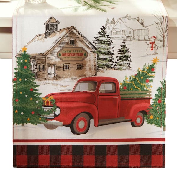 Threadmade Home Vintage Christmas Tree Farm Holiday Table Runner, Multicolor - 13"W x 70"L