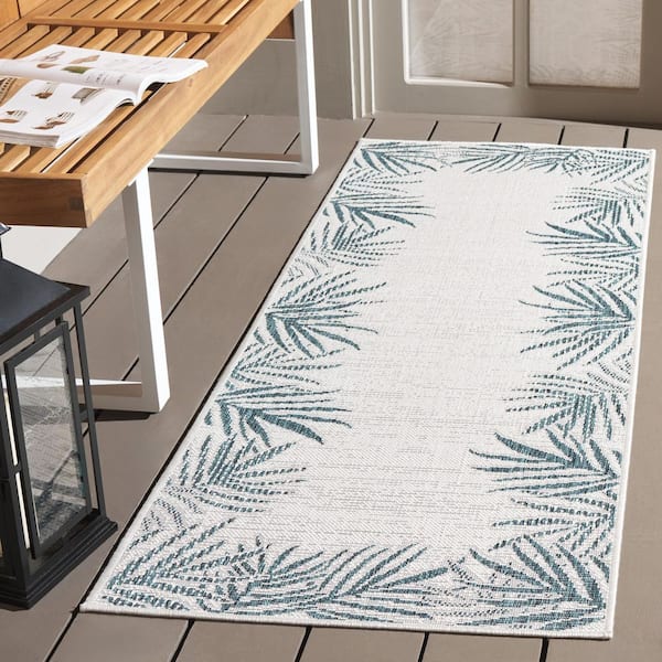 Beach House Blue/Ivory 2 ft. x 6 ft. Floral Border Indoor/Outdoor Runner Rug