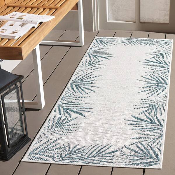 Beach House Blue/Ivory 2 ft. x 8 ft. Floral Border Indoor/Outdoor Runner Rug
