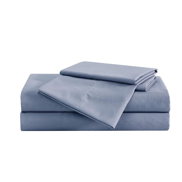 Garment Wash 4-Piece Blue Solid Polyester Queen Sheet Set