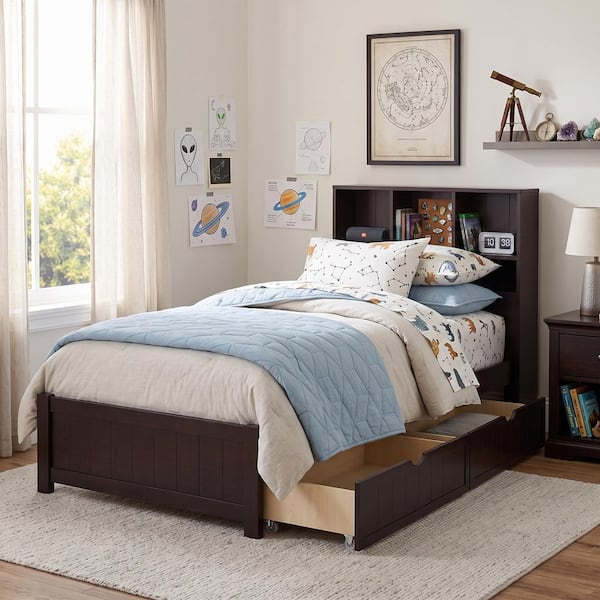 Brown Wood Frame Twin Platform Bed with Bookcase Headboard