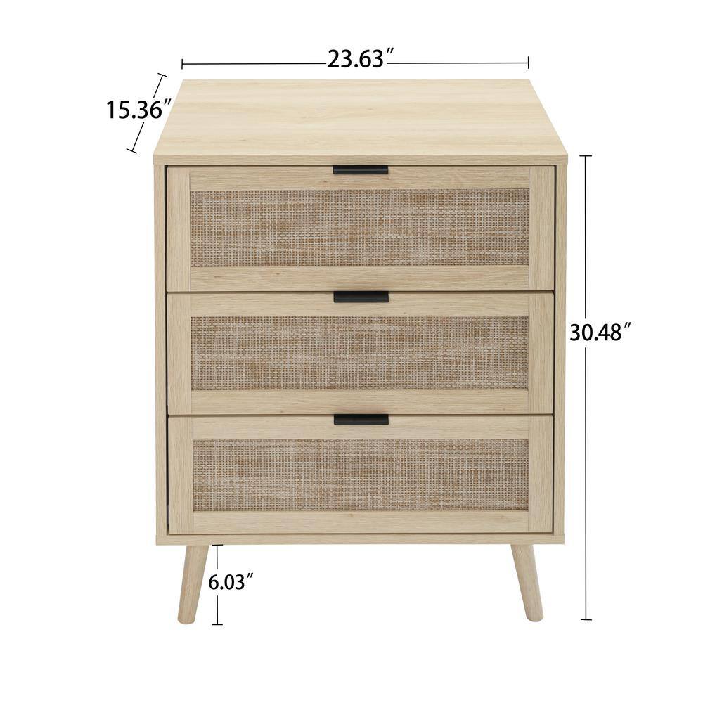 Natural Rattan and Pine 3-Drawer Accent Cabinet