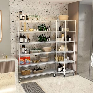 6-Tier Shelf Corner Wire Shelf Rack Pentagonal Shelves with Wheels, Adjustable Metal Heavy Duty in White