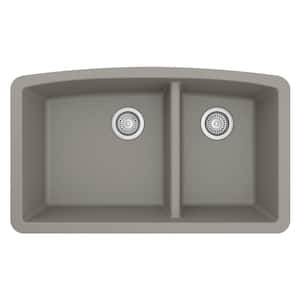 Undermount Quartz Composite 32 in. 60/40 Double Bowl Kitchen Sink in Concrete
