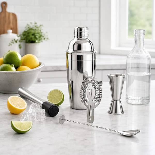 Wudkey 6-Piece Stainless Steel Cocktail Shaker Set, 24 oz. Bar Tools Kit with Strainer, Muddler, Jigger, Spoon and Pour Spout