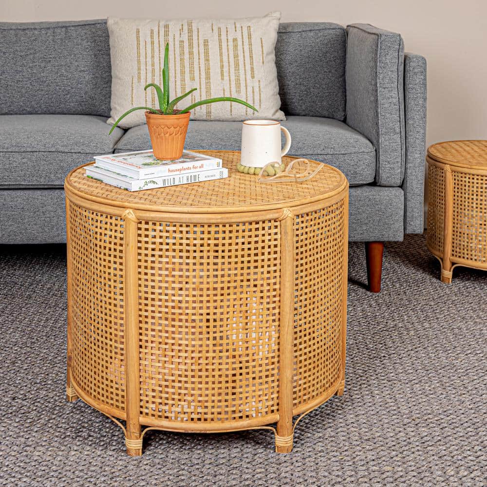 Natural Bamboo and Rattan Round Accent Table with Storage