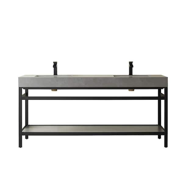 Funes 72 in. W x 22 in. D x 33.9 in. H Double Sink Bath Vanity in Matt Black Metal Stand with Grey Sintered Stone Top