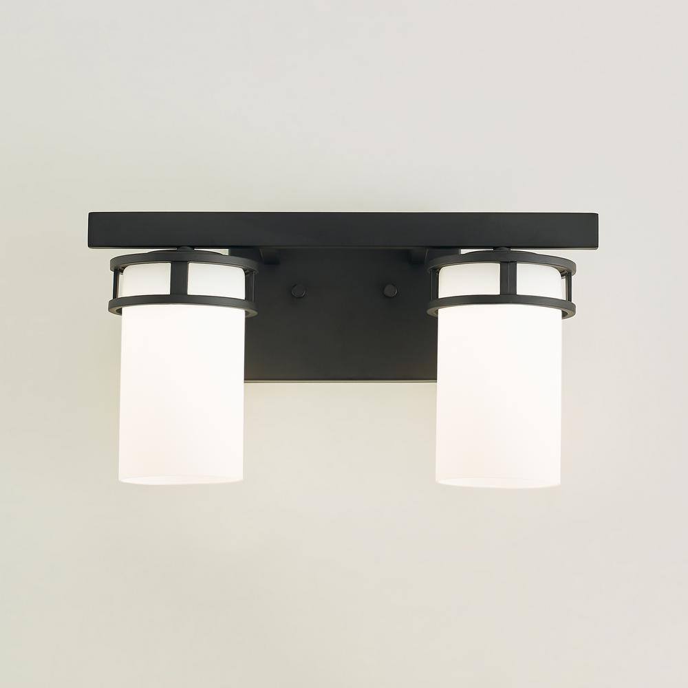 Midnight Black Robie 2-Light Vanity Fixture with Etched White Glass