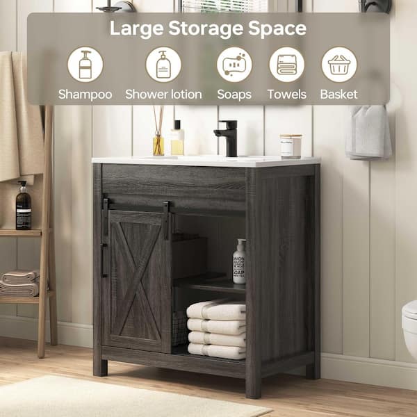 Timberly 31 in. Single Sink Gray Bath Vanity with White Engineered Solid Surface Top and Sliding Barn Door (Unassembled)