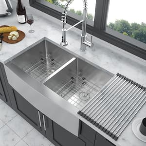 33 in. Farmhouse/Apron-Front Double Bowl (50/50)16 Gauge Brushed Nickel Stainless Steel Kitchen Sink with Bottom Grids