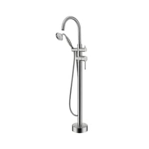 2-Handle Freestanding Floor Mount Tub Faucet Bathtub Filler with Hand Shower in Brushed Nickel