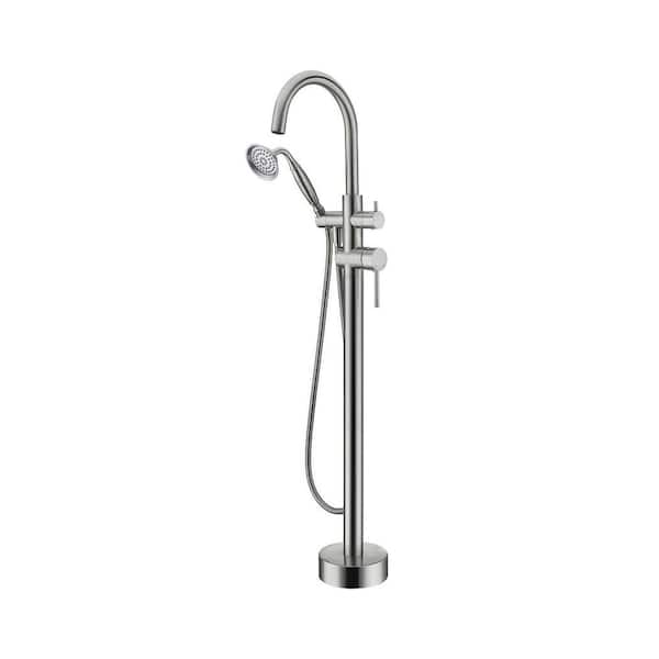 Fapully 2-Handle Freestanding Floor Mount Tub Faucet Bathtub Filler with Hand Shower in Brushed Nickel