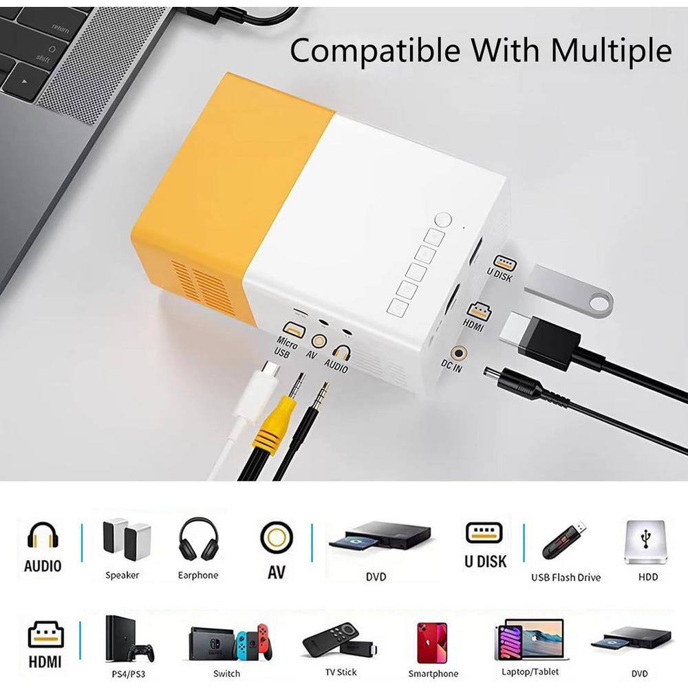 Compact Yellow and White Mini Projector with HDMI and USB Support